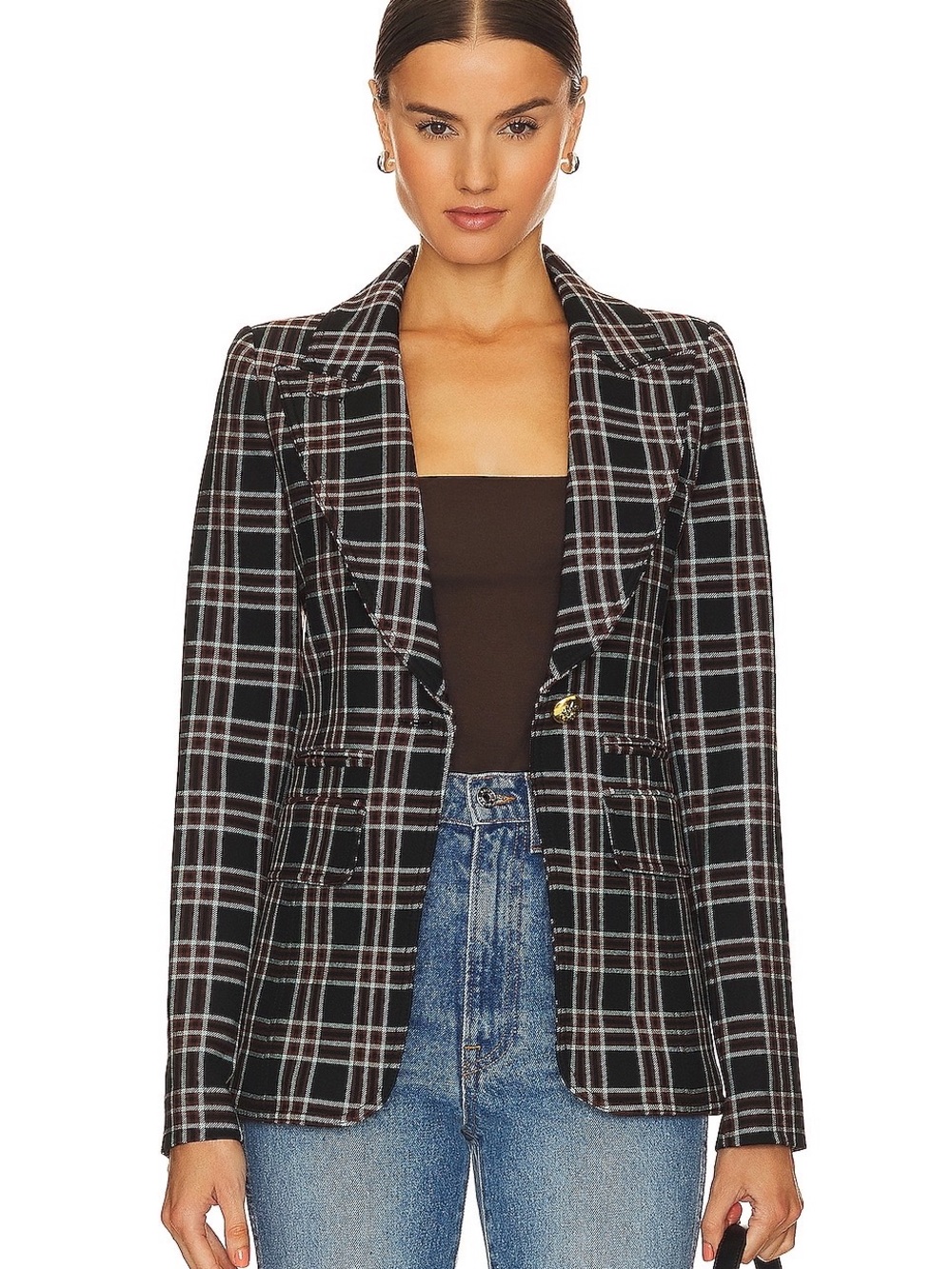 Plaid Single-Button Blazer Jacket - Black Plaid